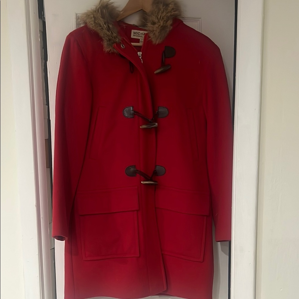 Michael Kors Red Trench Coat with Toggle Closure and Fur Hood